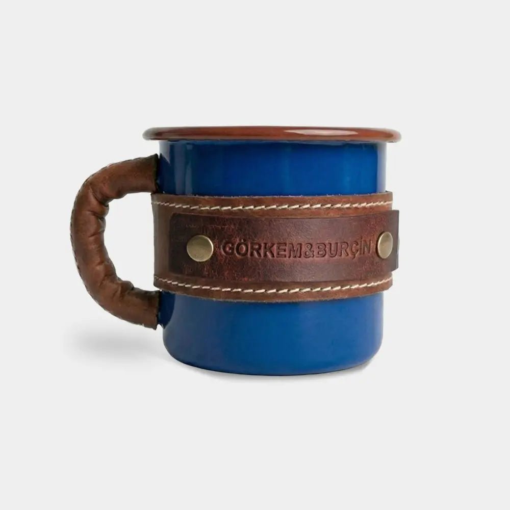 Deri Kaplı Özel Emaye Kupa Bardak - El Yapımı Gerçek Deri - Lacivert | Retro Pelle