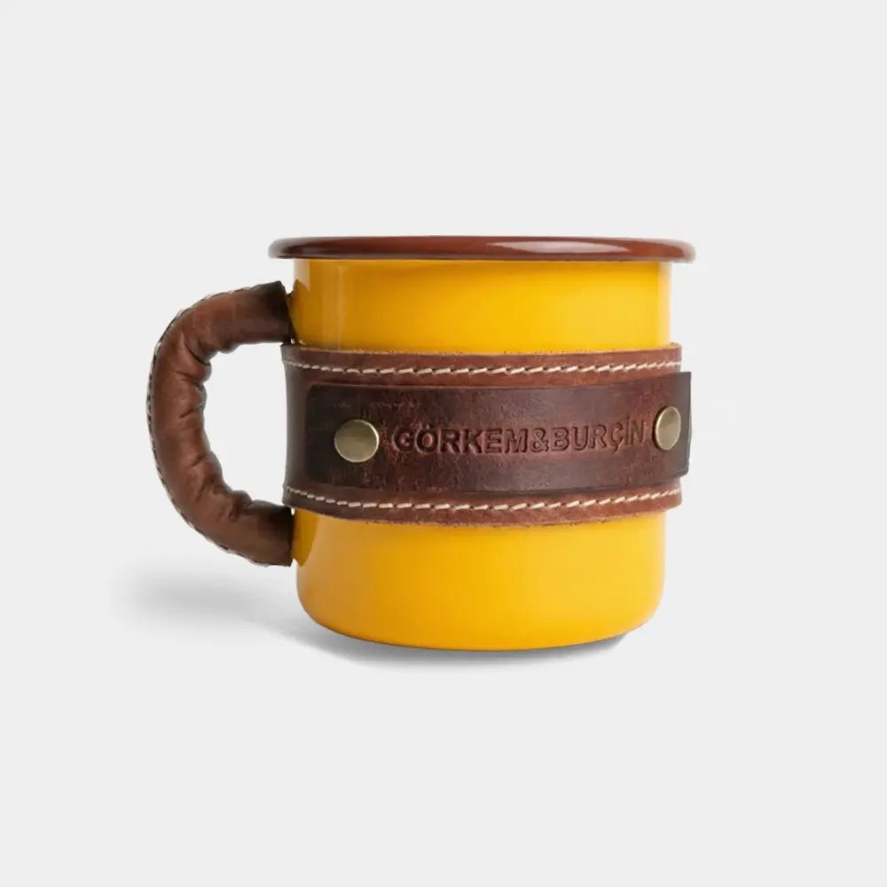 Deri Kaplı Özel Emaye Kupa Bardak - El Yapımı Gerçek Deri - Gold | Retro Pelle