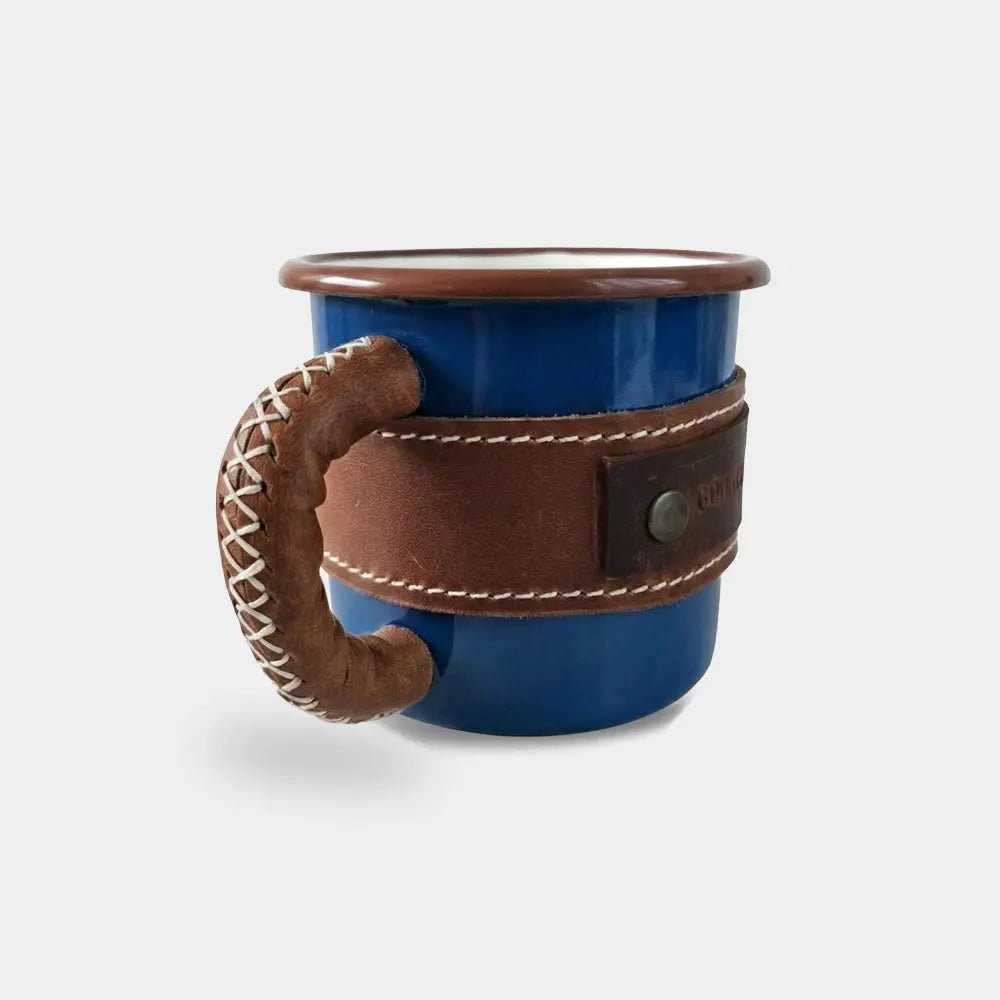 Deri Kaplı Özel Emaye Kupa Bardak - El Yapımı Gerçek Deri - Lacivert | Retro Pelle