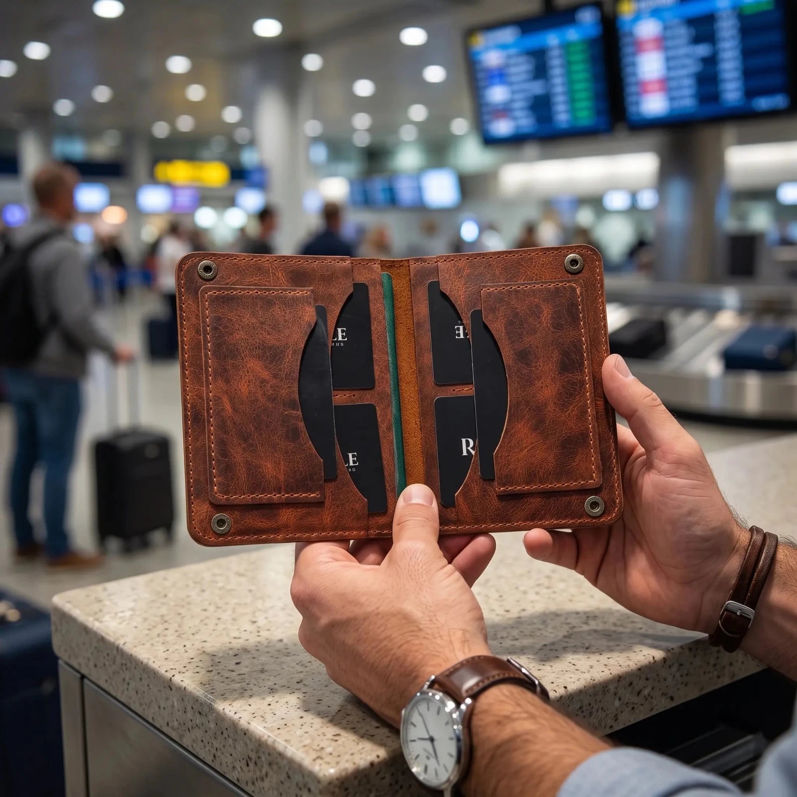 El yapımı deri pasaport kılıfı, seyahat kullanımı