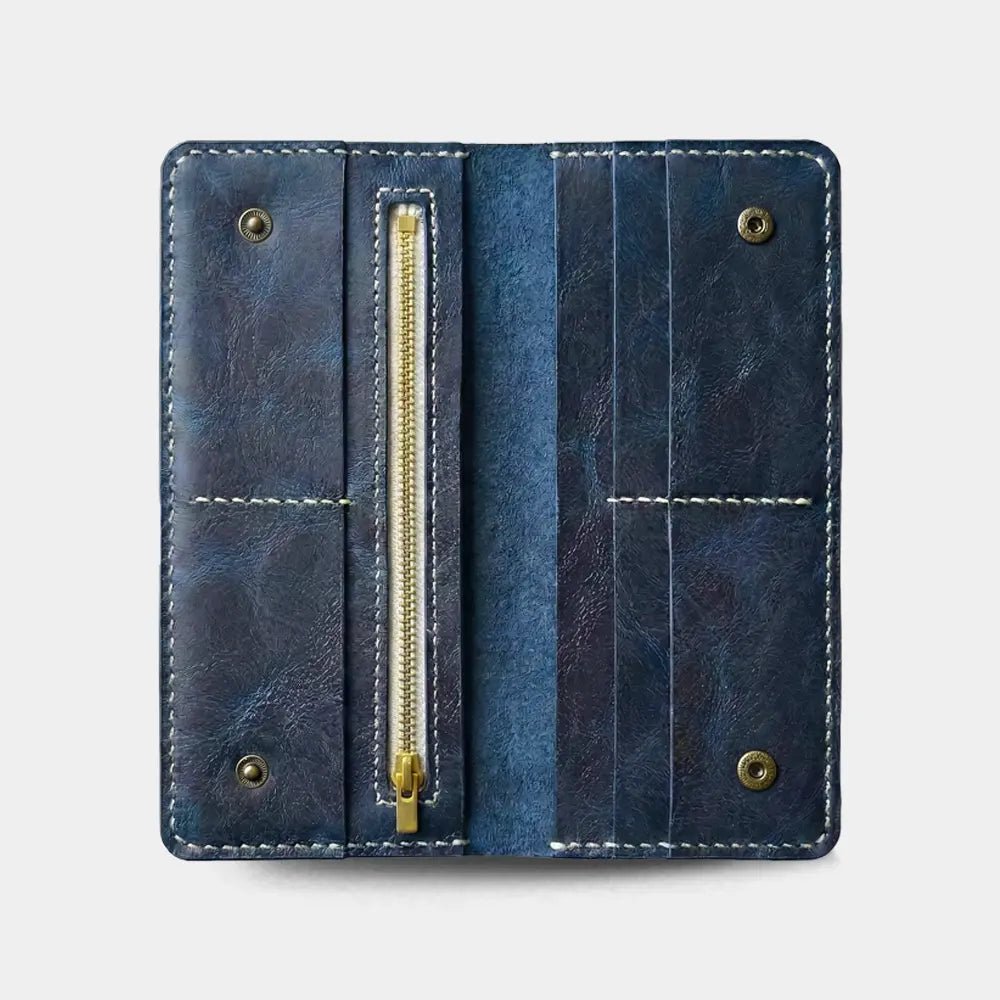 Pirinç Fermuarlı Kadın Cüzdan - El Yapımı Gerçek Deri - Mavi | Retro Pelle