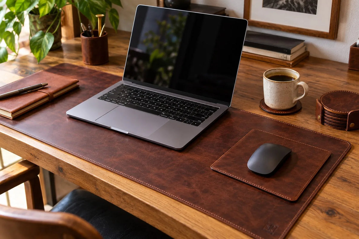 Ahşap çalışma masasında bilgisayarın altında kahverengi deri masa matı, mouse pad ve kahve fincanıyla deri bardak altlığı.