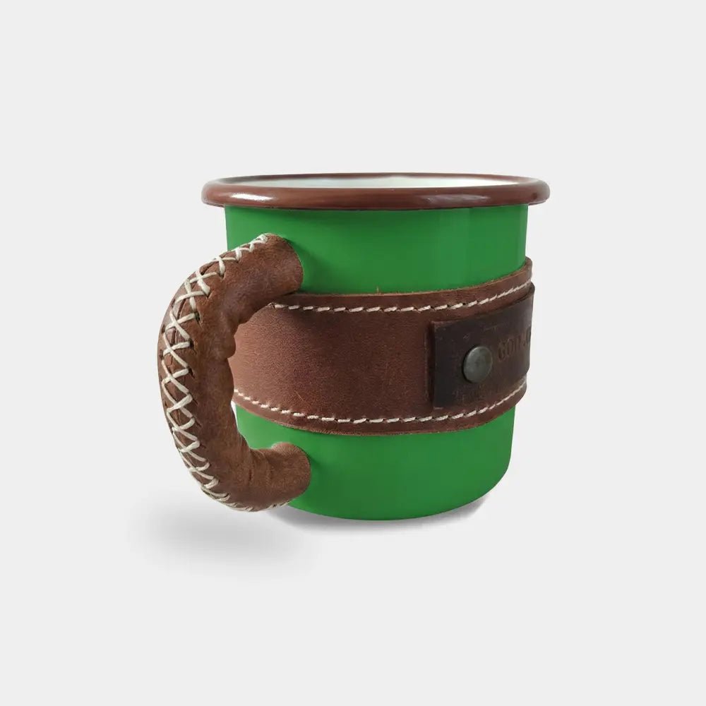 Deri Kaplı Özel Emaye Kupa Bardak - El Yapımı Gerçek Deri - Yeşil | Retro Pelle