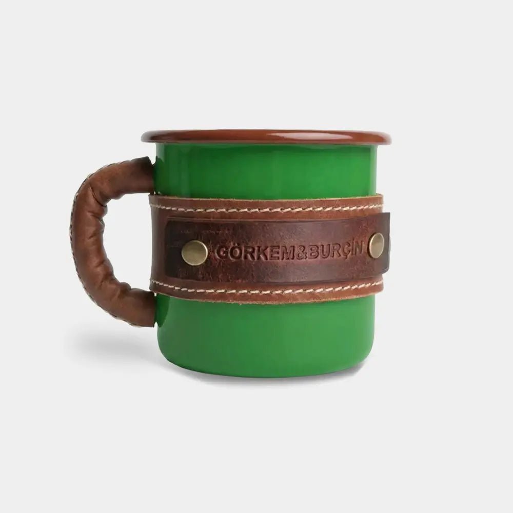 Deri Kaplı Özel Emaye Kupa Bardak - El Yapımı Gerçek Deri - Yeşil | Retro Pelle