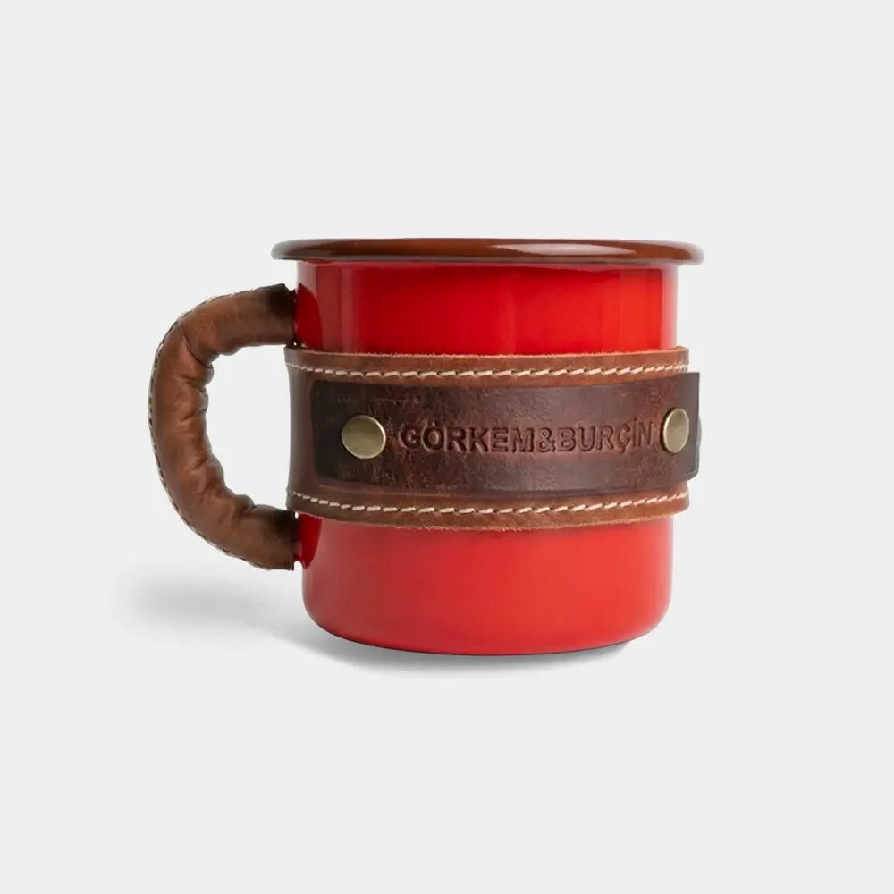 Deri Kaplı Özel Emaye Kupa Bardak - El Yapımı Gerçek Deri - Kırmızı | Retro Pelle
