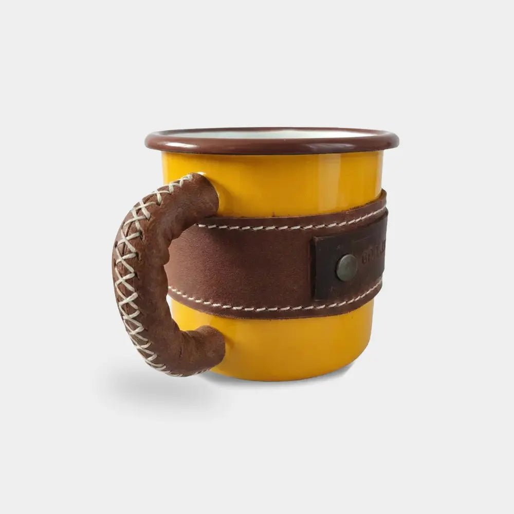 Deri Kaplı Özel Emaye Kupa Bardak - El Yapımı Gerçek Deri - Gold | Retro Pelle