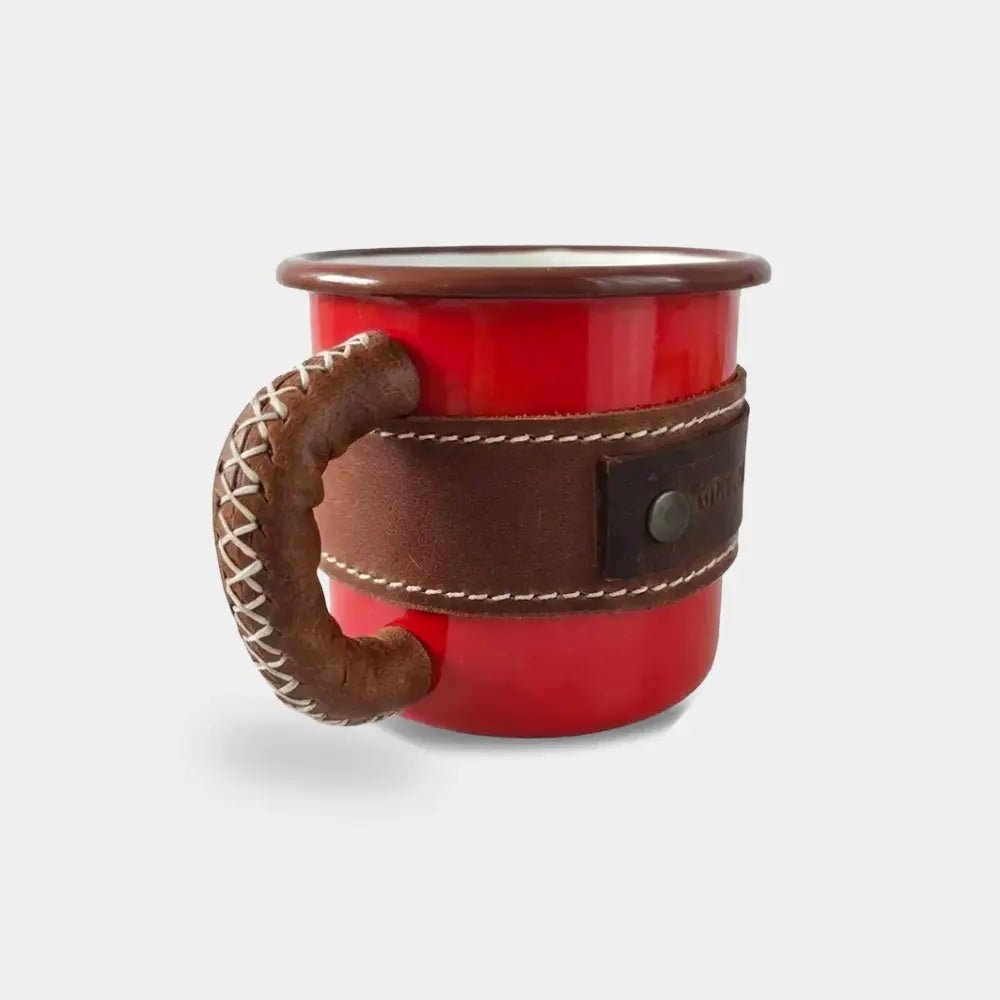 Deri Kaplı Özel Emaye Kupa Bardak - El Yapımı Gerçek Deri - Kırmızı | Retro Pelle