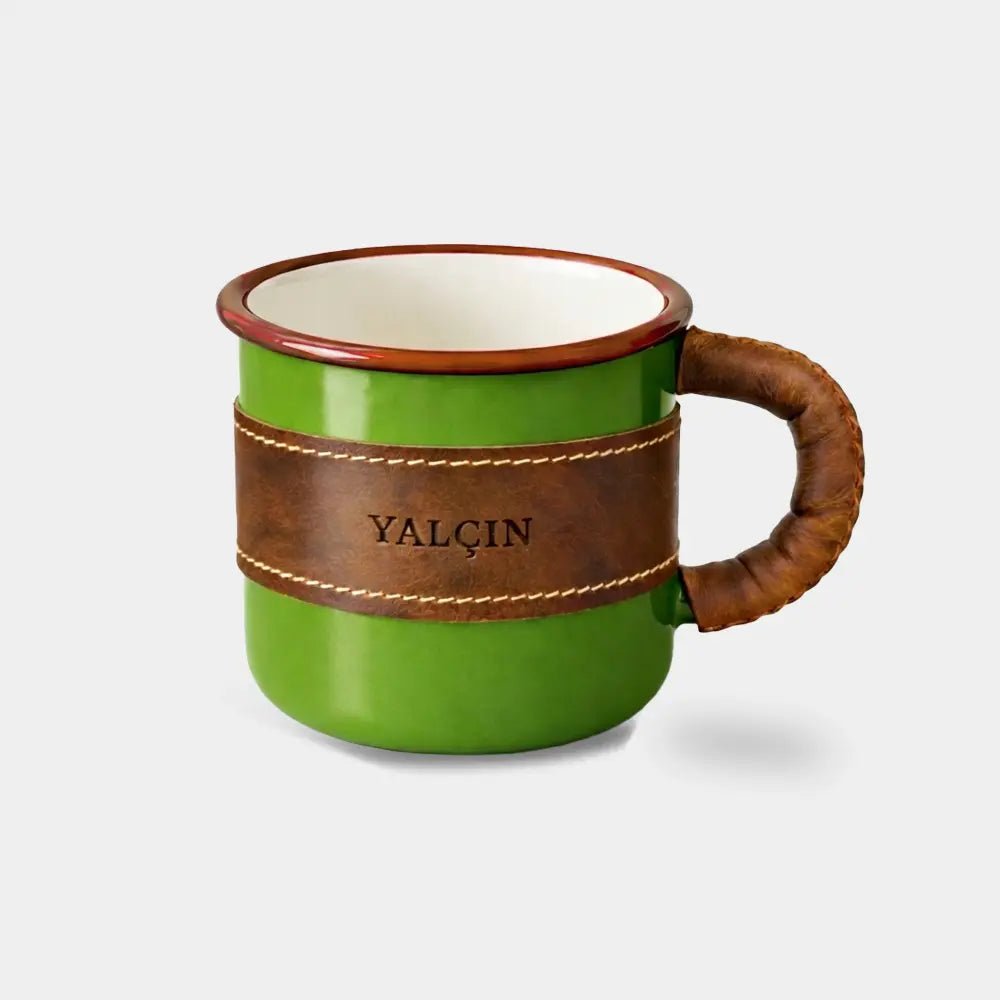 Deri Kaplı Özel Emaye Kupa Bardak - El Yapımı Gerçek Deri | Retro Pelle