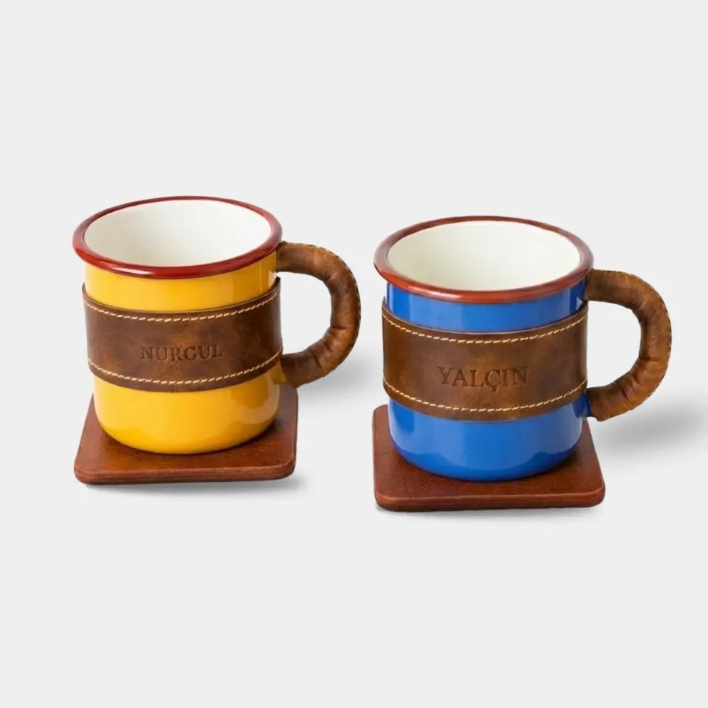 Deri Kaplı Özel Emaye Kupa Bardak - El Yapımı Gerçek Deri | Retro Pelle