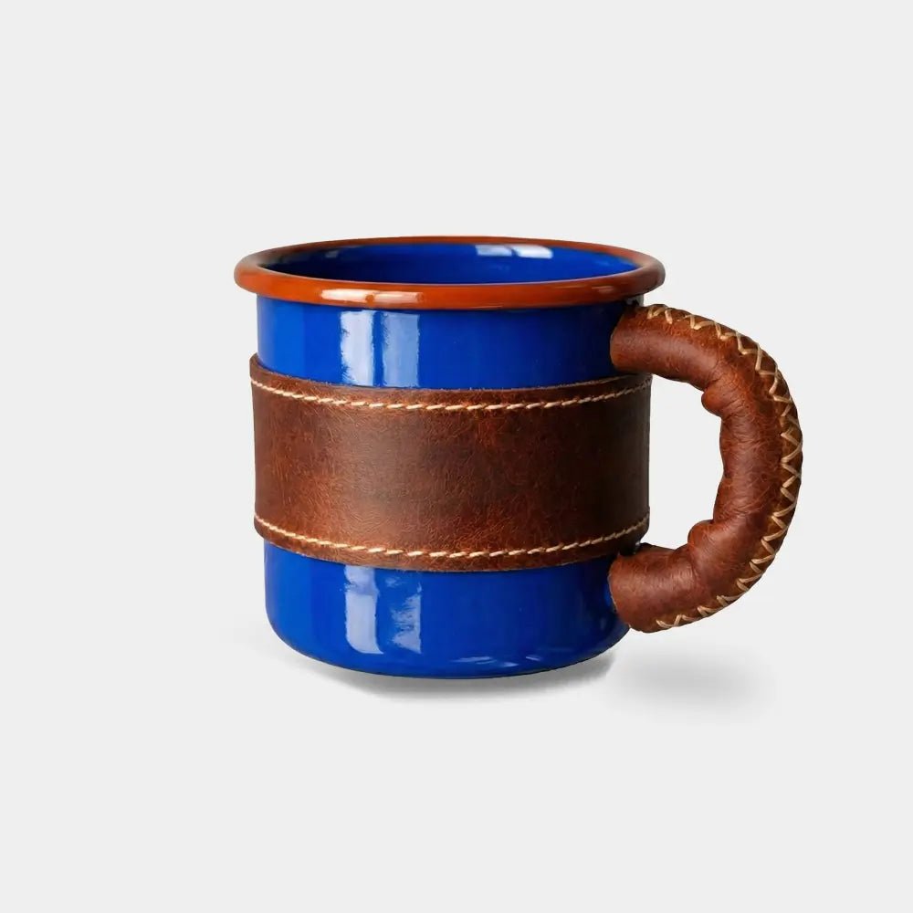 Deri Kaplı Özel Emaye Kupa Bardak - El Yapımı Gerçek Deri | Retro Pelle