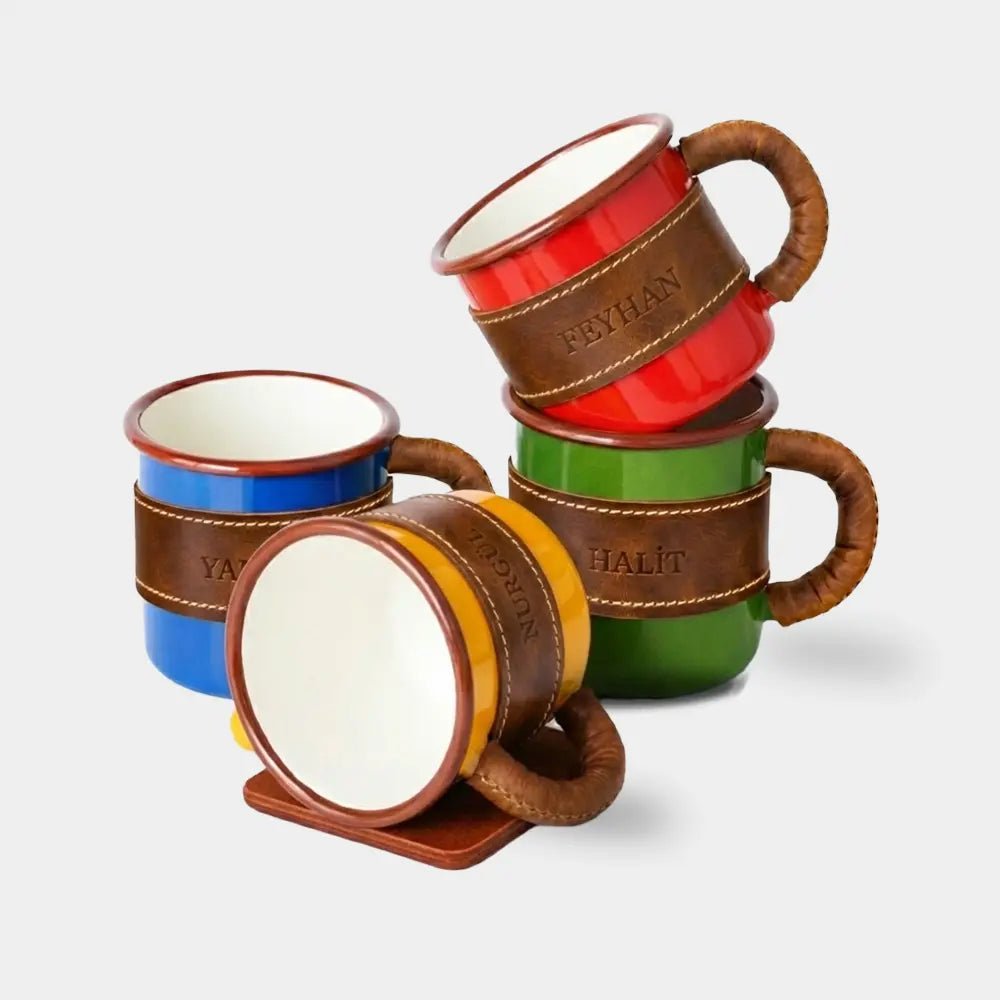 Deri Kaplı Özel Emaye Kupa Bardak - El Yapımı Gerçek Deri | Retro Pelle
