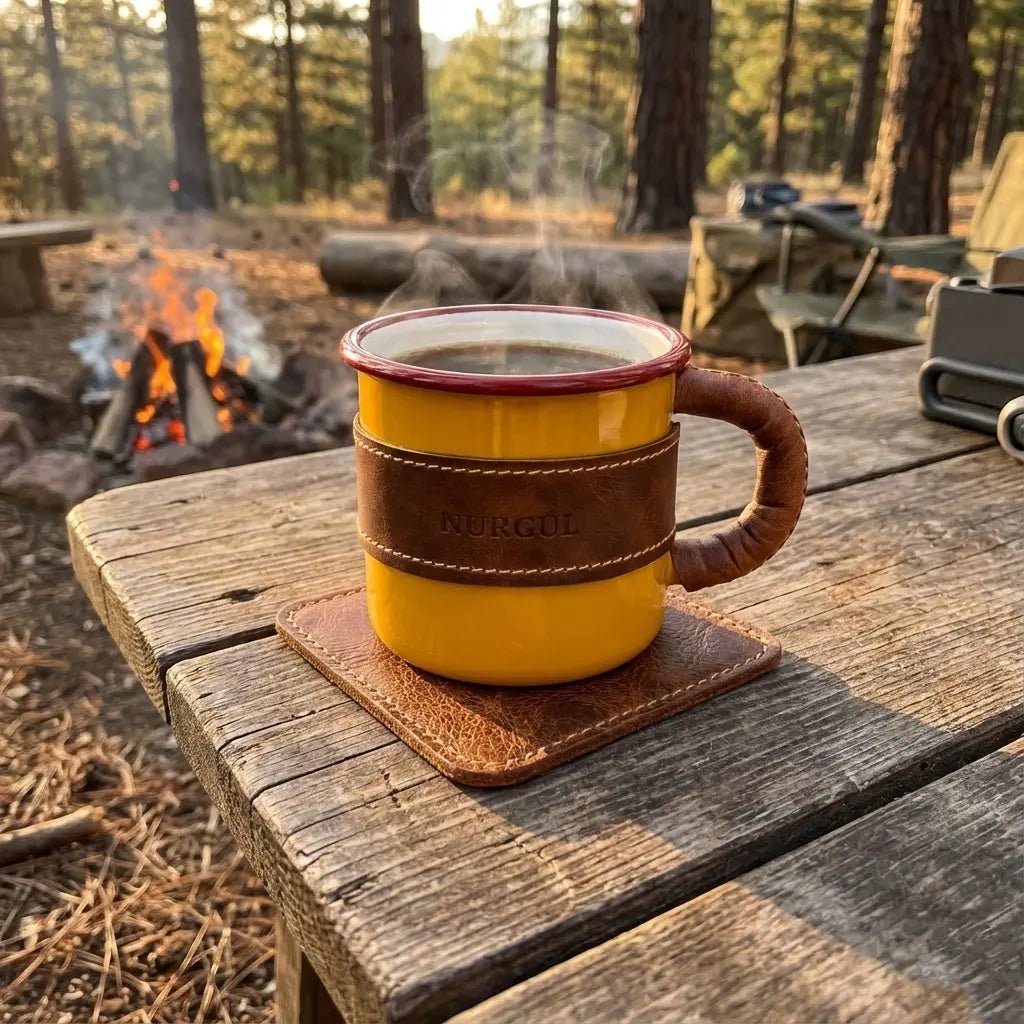 Deri Kaplı Özel Emaye Kupa Bardak - El Yapımı Gerçek Deri | Retro Pelle