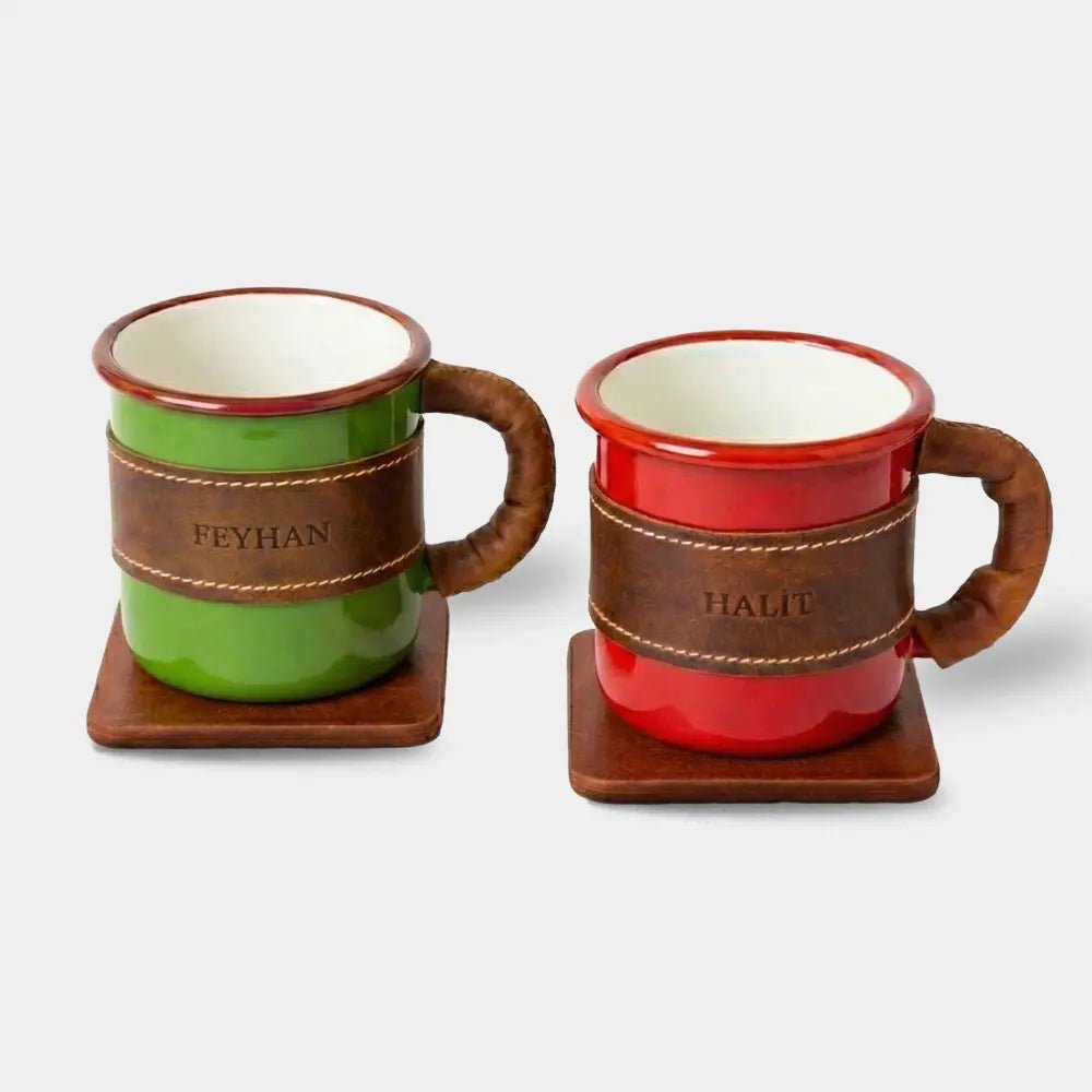 Deri Kaplı Özel Emaye Kupa Bardak - El Yapımı Gerçek Deri | Retro Pelle