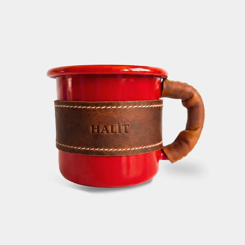 Deri Kaplı Özel Emaye Kupa Bardak - El Yapımı Gerçek Deri | Retro Pelle