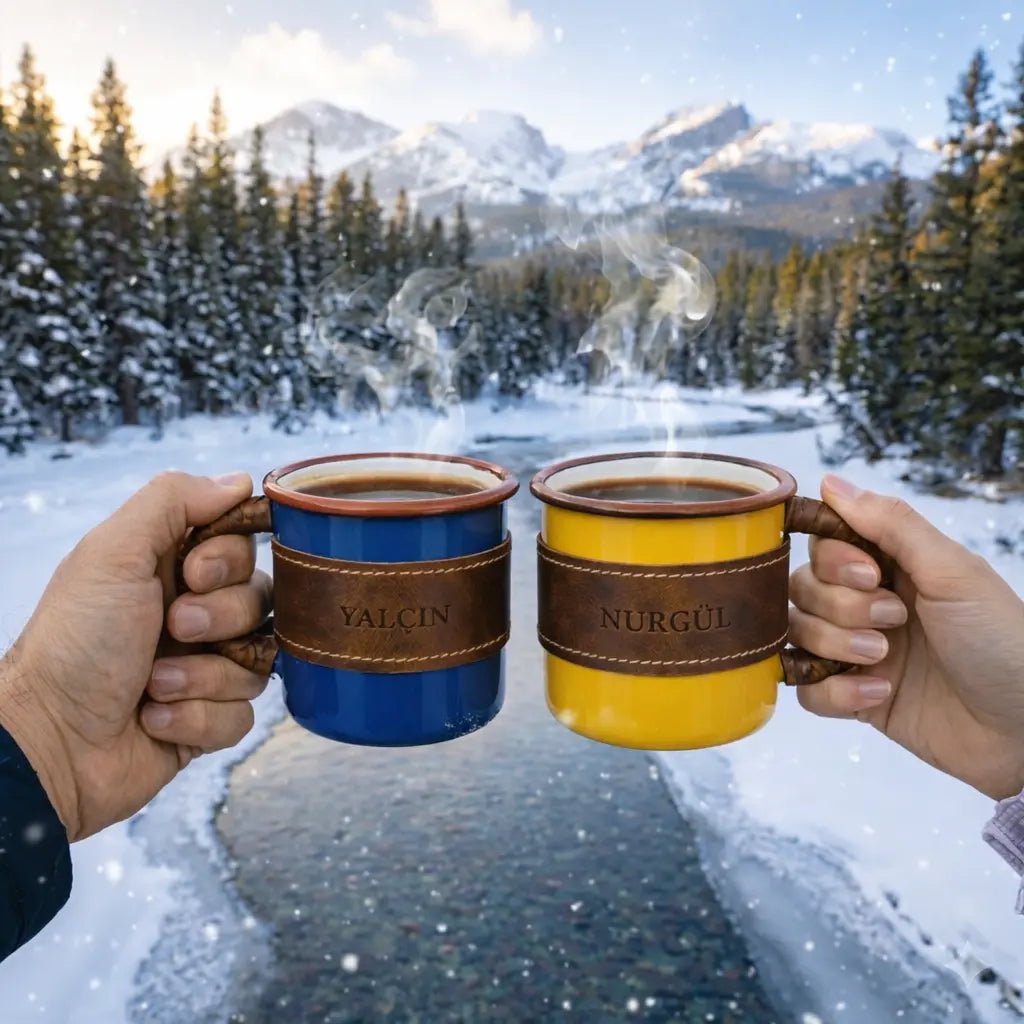 Deri Kaplı Özel Emaye Kupa Bardak - El Yapımı Gerçek Deri | Retro Pelle