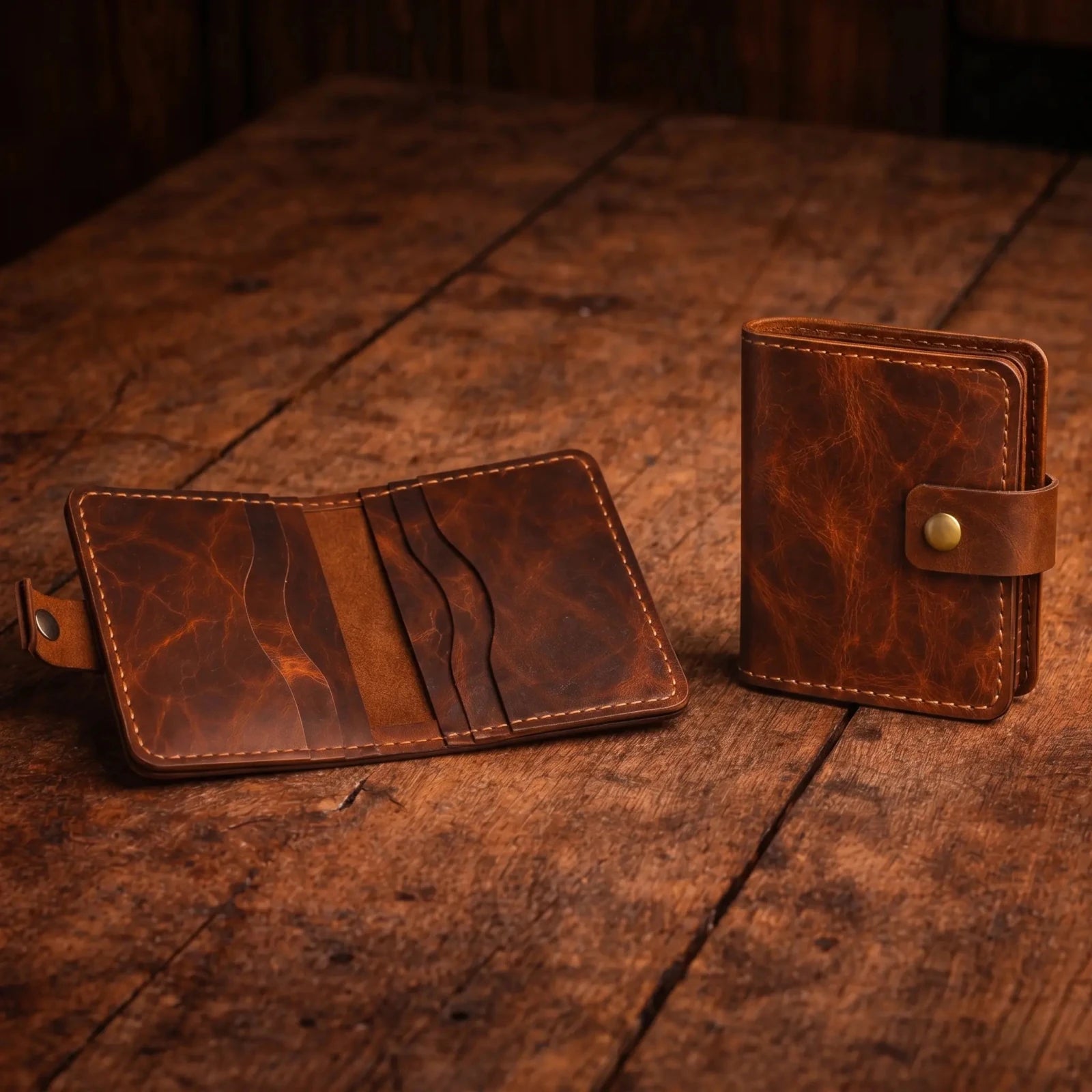 Pirinç Çıtçıtlı Deri Cüzdan - Minimalist Tasarım Serisi - El Yapımı Gerçek Deri Hakiki Deri Cüzdan | Retro Pelle