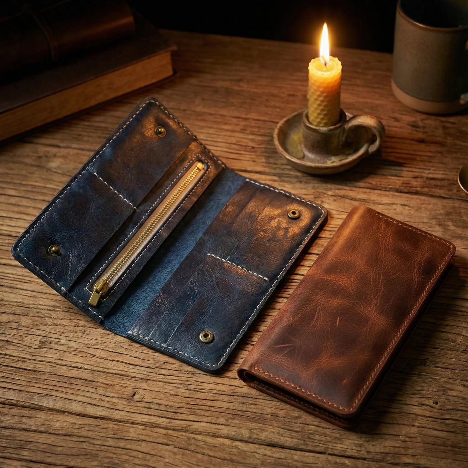 Pirinç Fermuarlı Kadın Cüzdan - El Yapımı Gerçek Deri | Retro Pelle